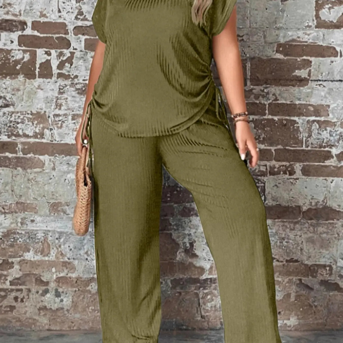 Black Ribbed Short Sleeve Top and Wide Pants Set