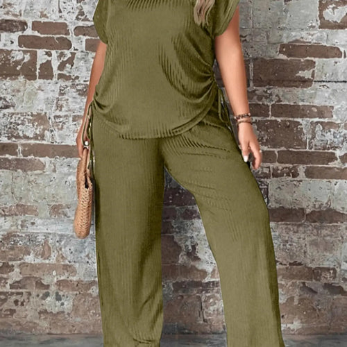 Black Ribbed Short Sleeve Top and Wide Pants Set