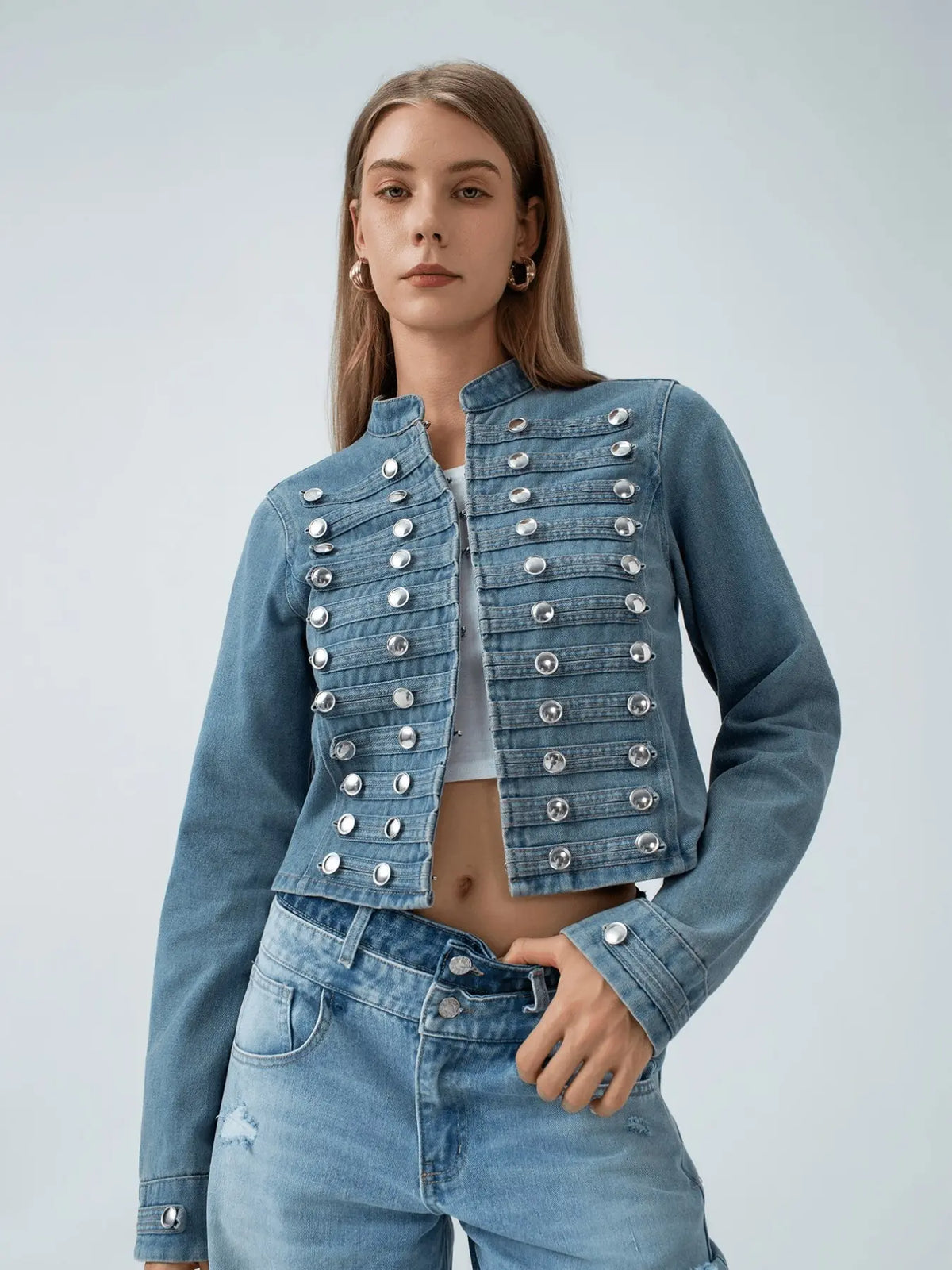 Cropped Blue Denim Jacket with Silver Buttons