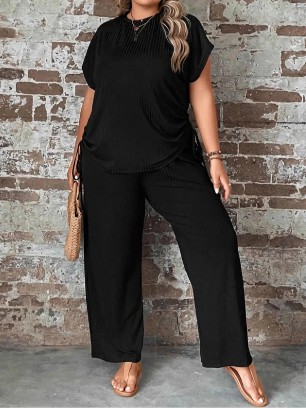 Black Ribbed Short Sleeve Top and Wide Pants Set