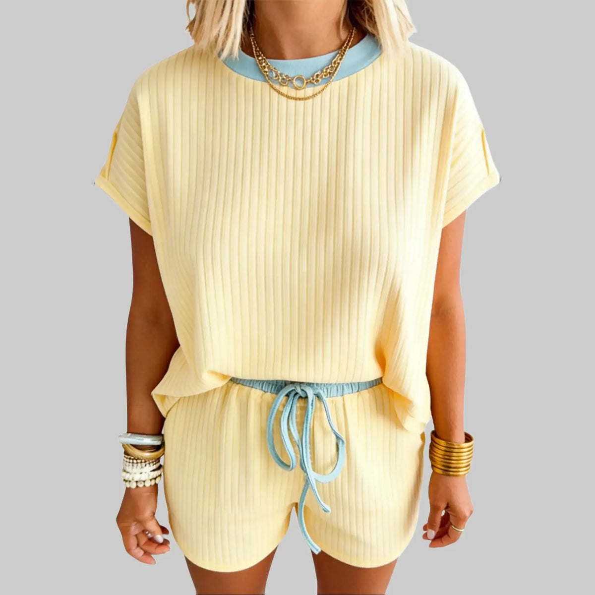 Pale Yellow Ribbed Top and Drawstring Shorts Set