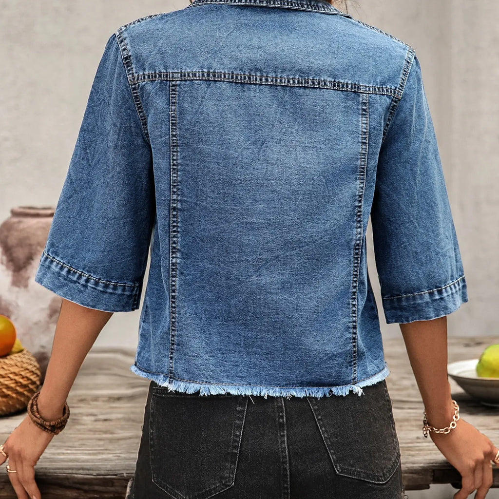Blue Denim Cropped Jacket with Chest Pockets