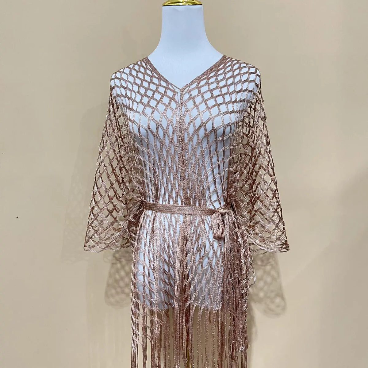 Gold Open Knit Fringe Shawl and Scarf Set