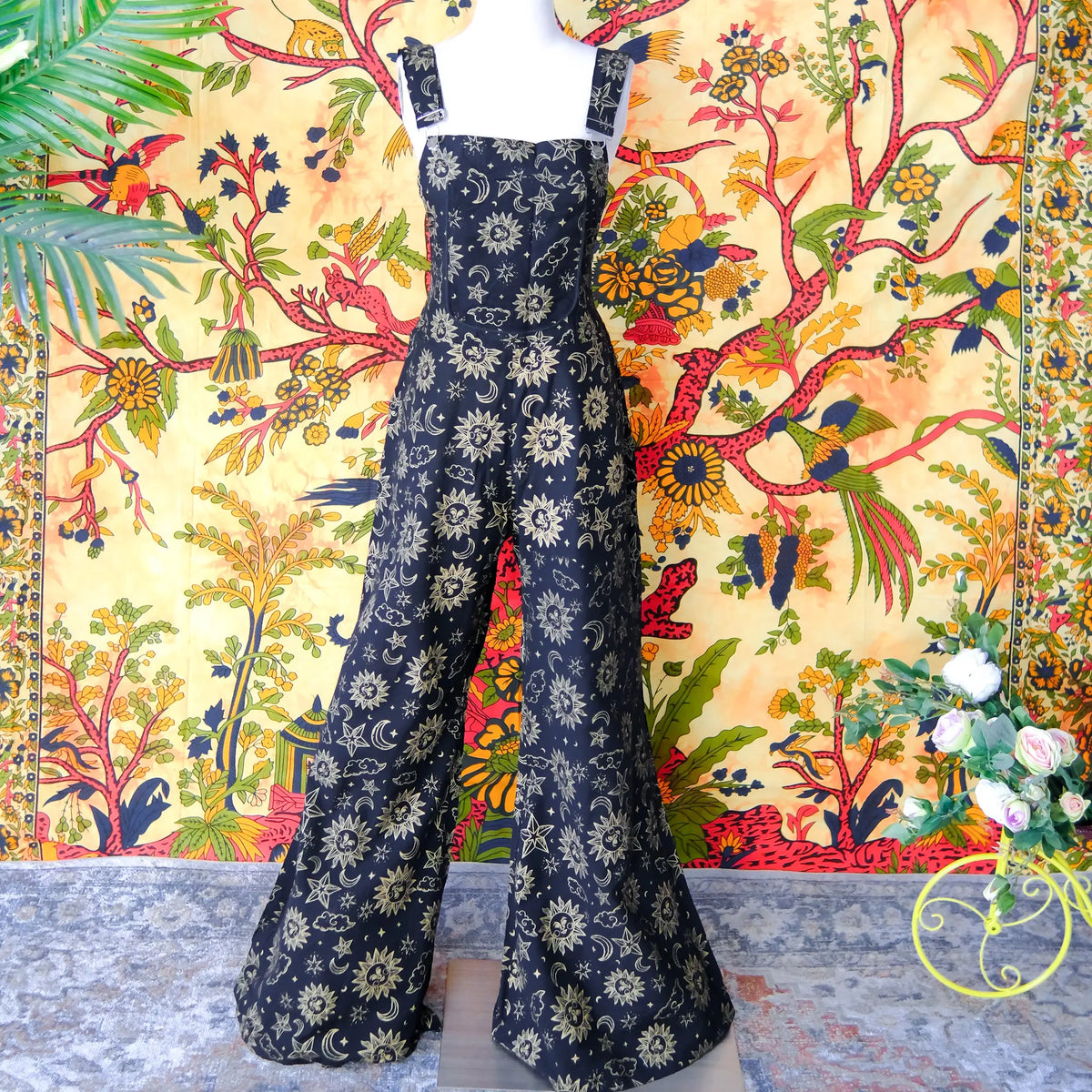 Black Wide-Leg Overalls with Gold Celestial Print
