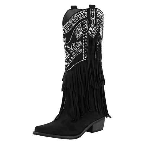 Black Fringe Western Boots with Studded Pattern