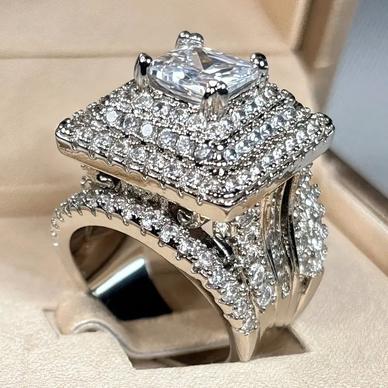Silver-Tone Ring with Square Clear Stone Cluster