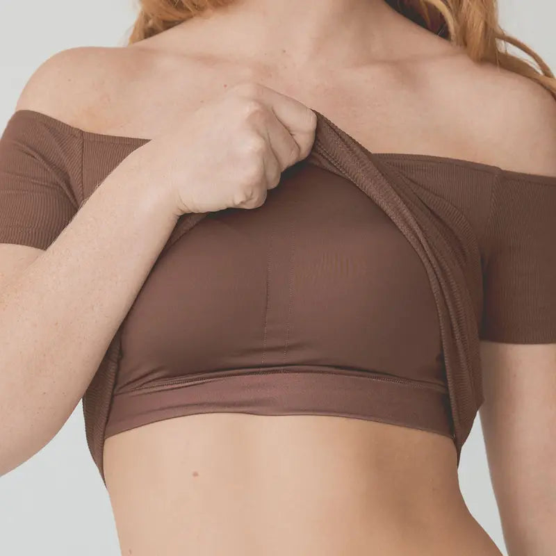 Brown Ribbed Off-Shoulder Short-Sleeve Top