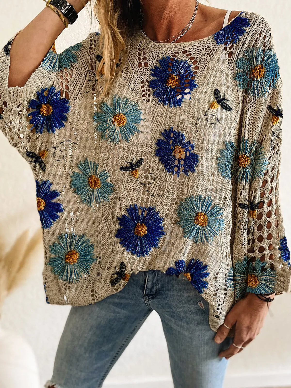 Beige Open Knit Top with Blue Flower Embroidery