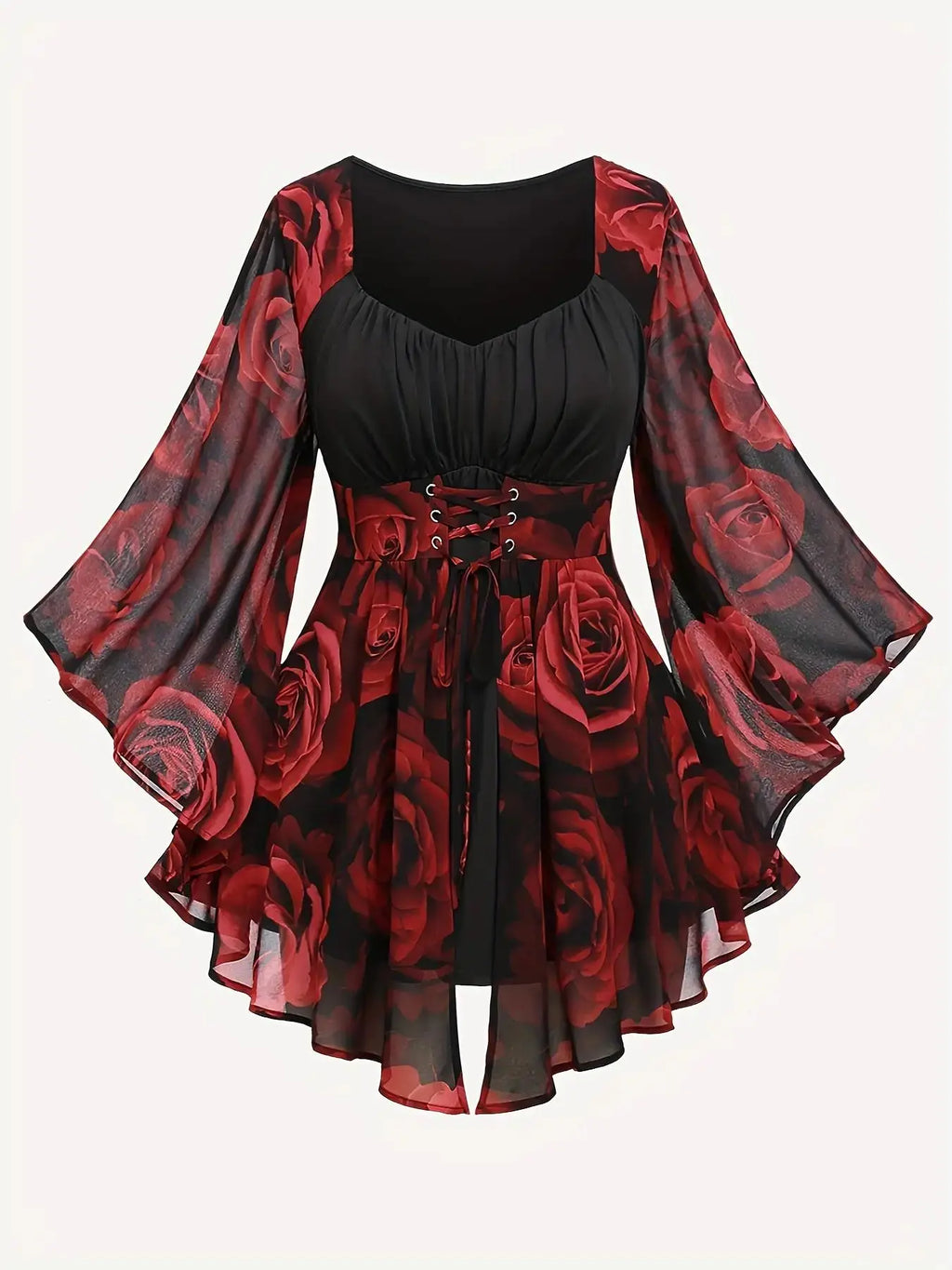 Red Rose Print Chiffon Top With Lace-Up Waist