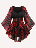Red Rose Print Chiffon Top With Lace-Up Waist