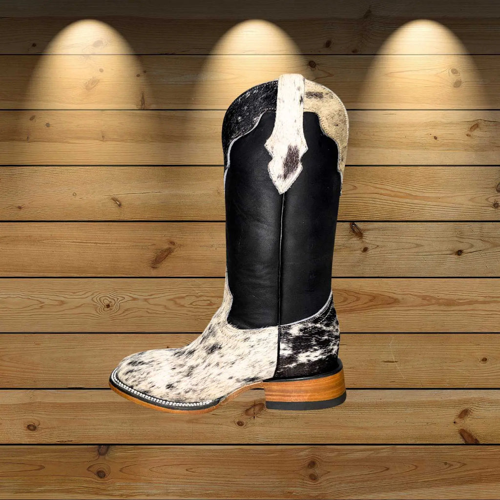 Cowhide Print Western Boots With Black Leather Shaft