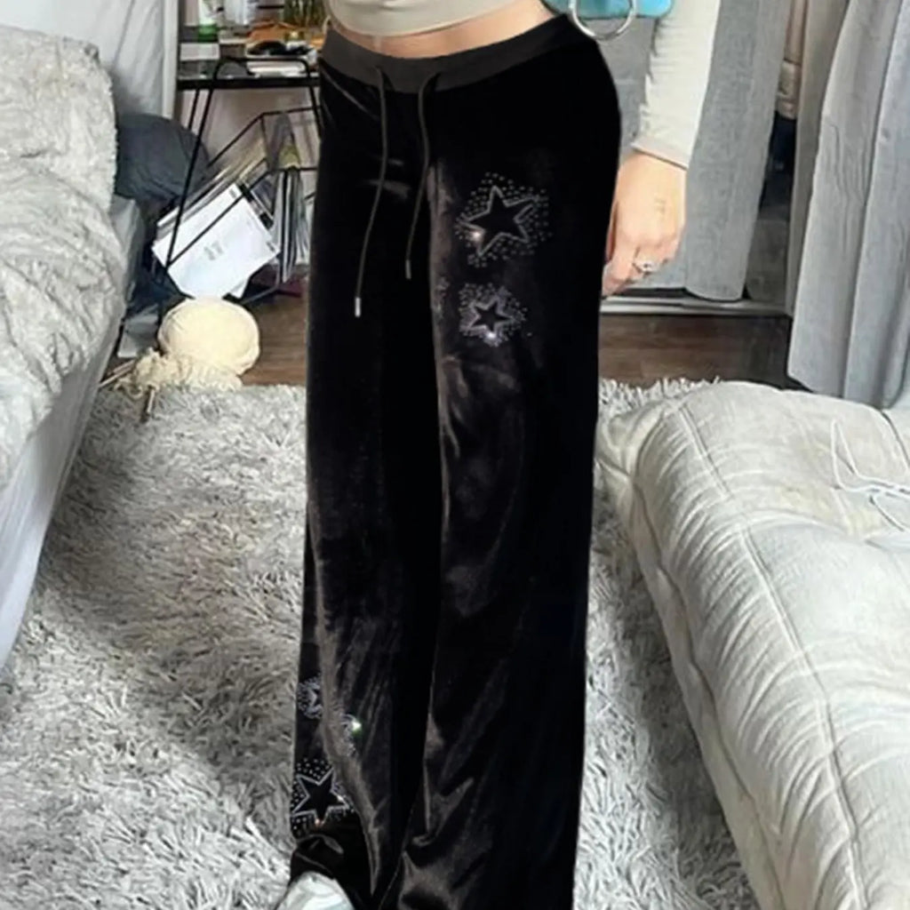Black Velvet Flare Pants with Star Studs