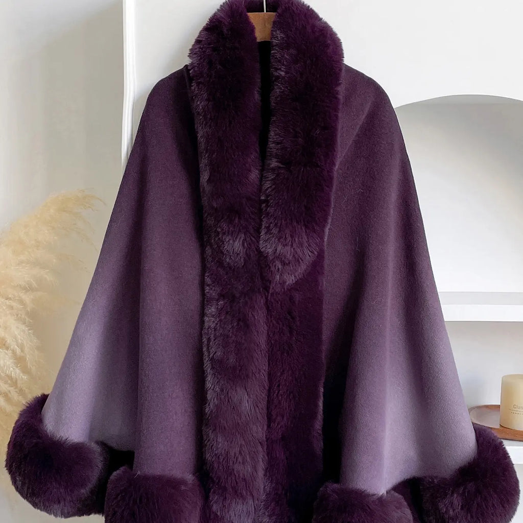 Purple Gradient Cape Wrap with Faux Fur Trim