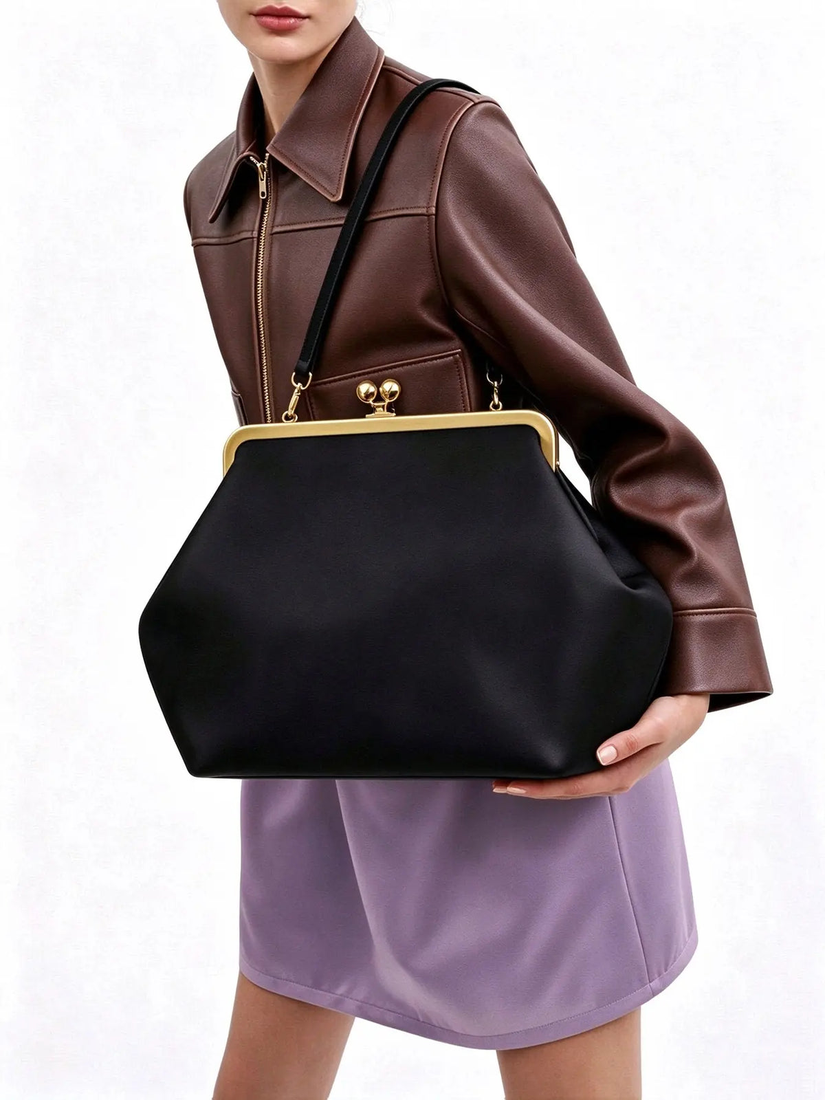 Black Frame Top Handbag with Gold Clasp