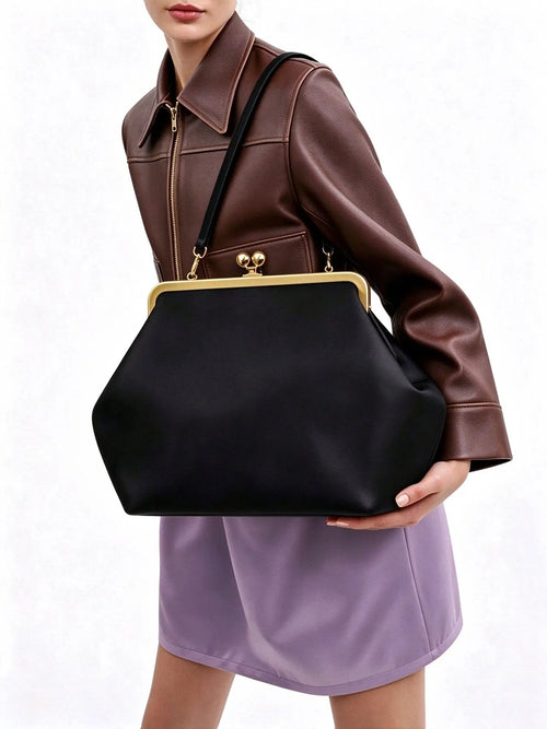 Black Frame Top Handbag with Gold Clasp