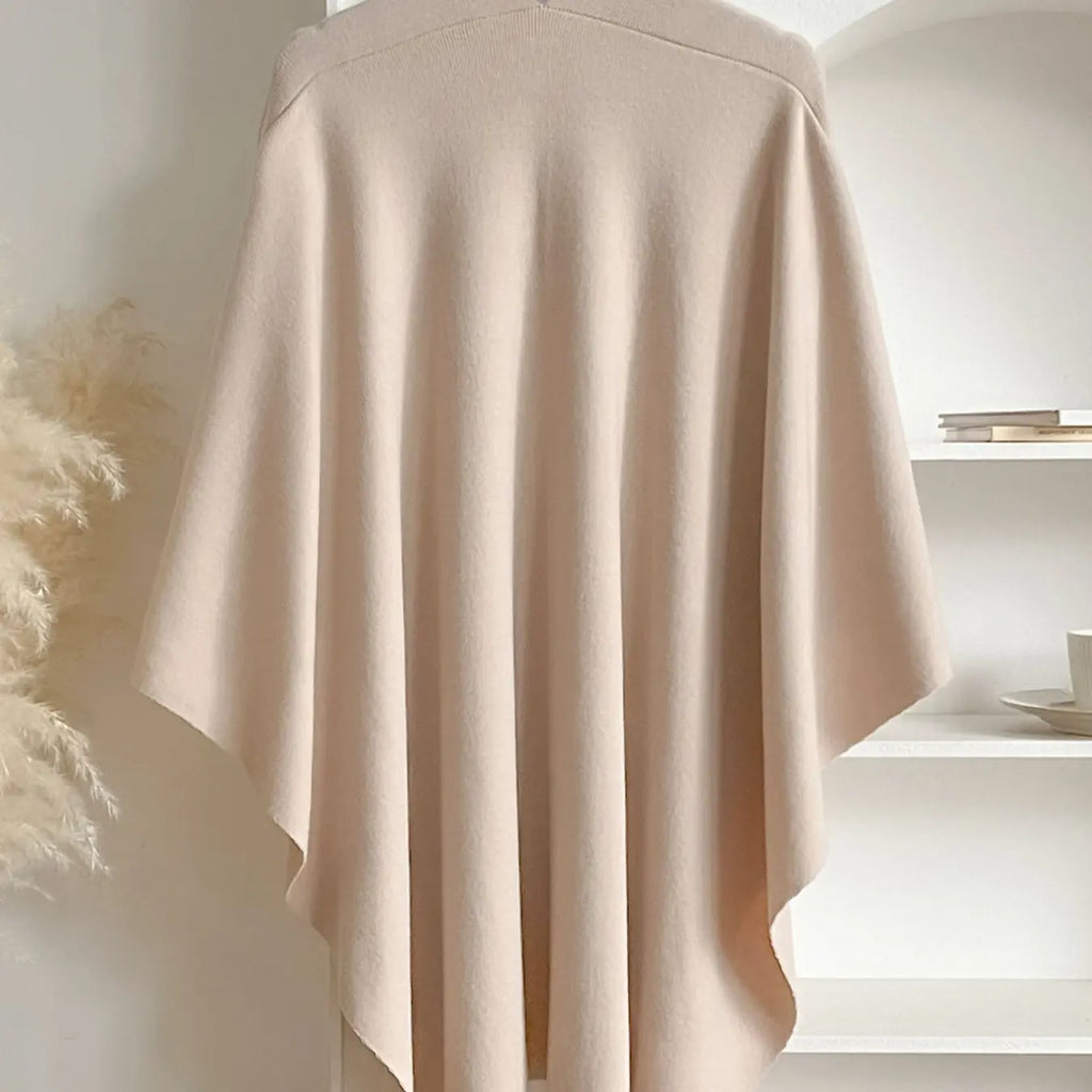 Beige Knit Draped Shawl Wrap with Shoulder Tab