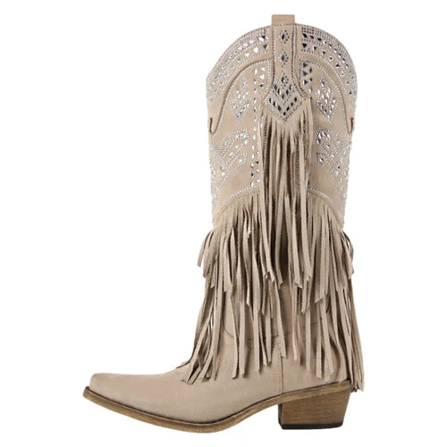 Black Fringe Western Boots with Studded Pattern