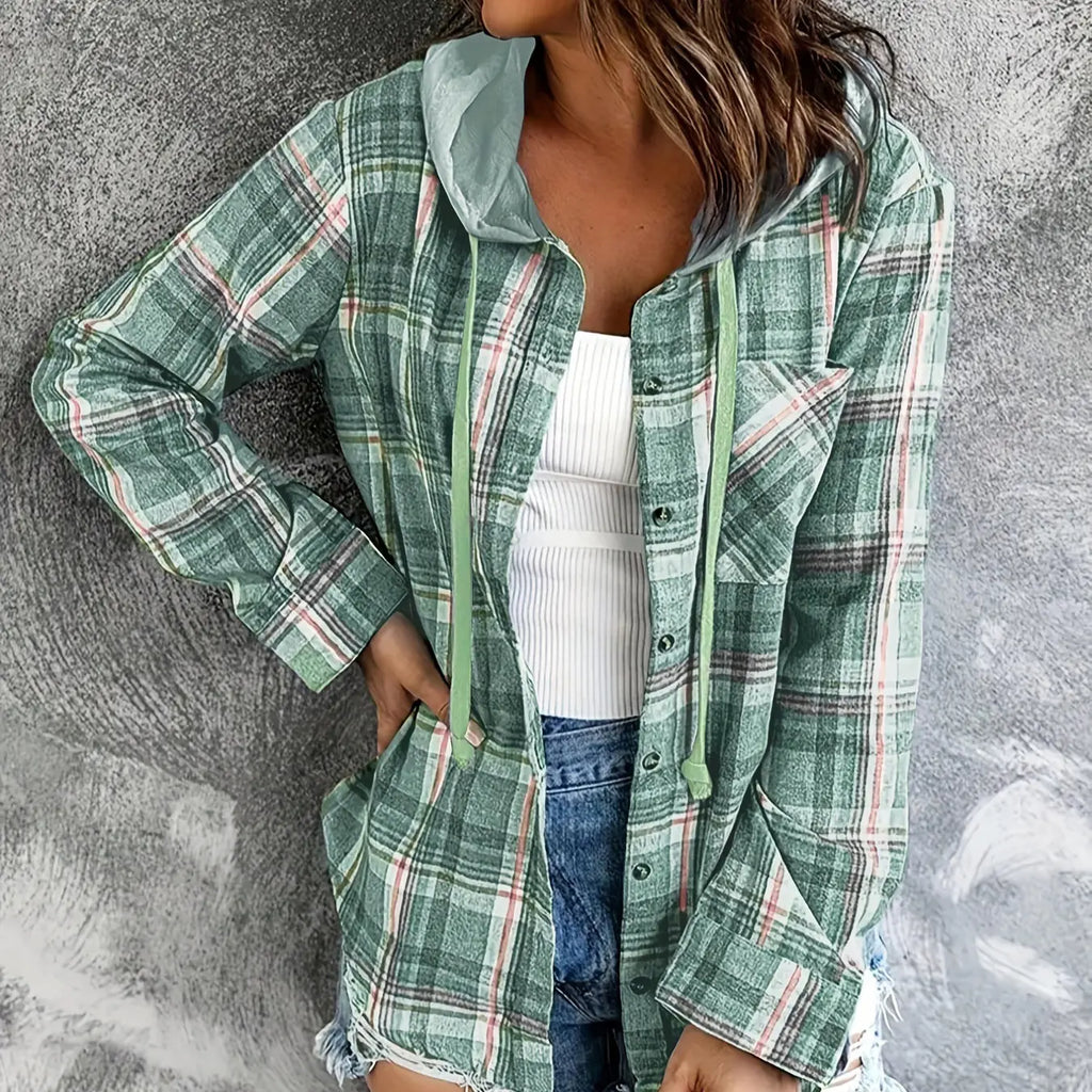 Blue Plaid Hooded Button Front Shirt Jacket