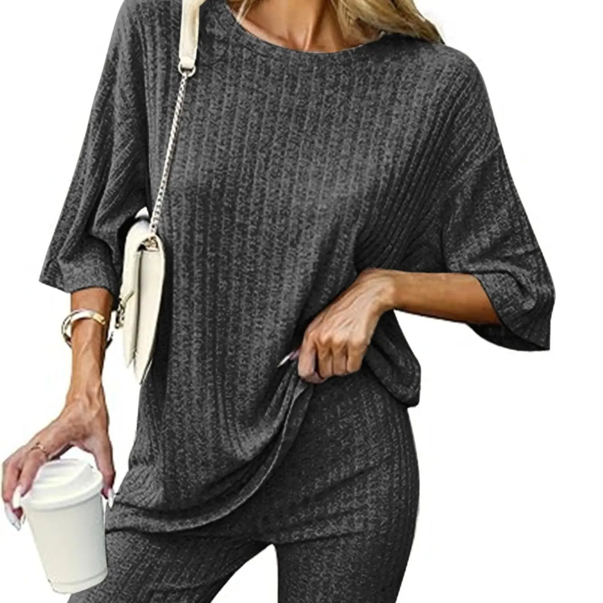 Oatmeal Ribbed Tee and Biker Shorts Set