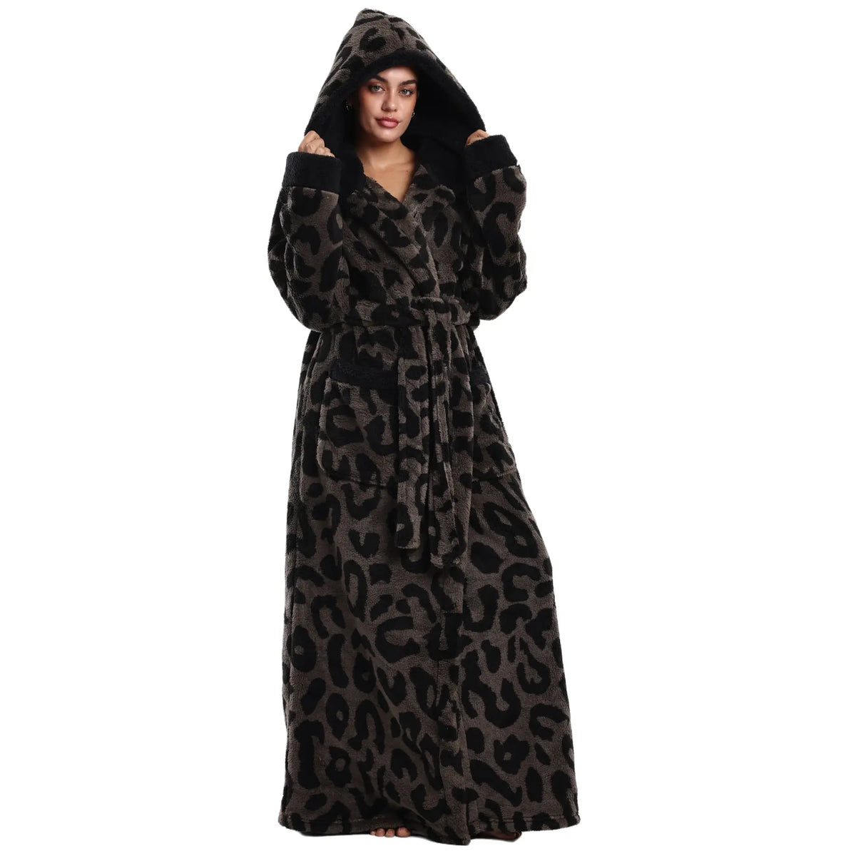 Hooded Leopard Print Fleece Long Robe