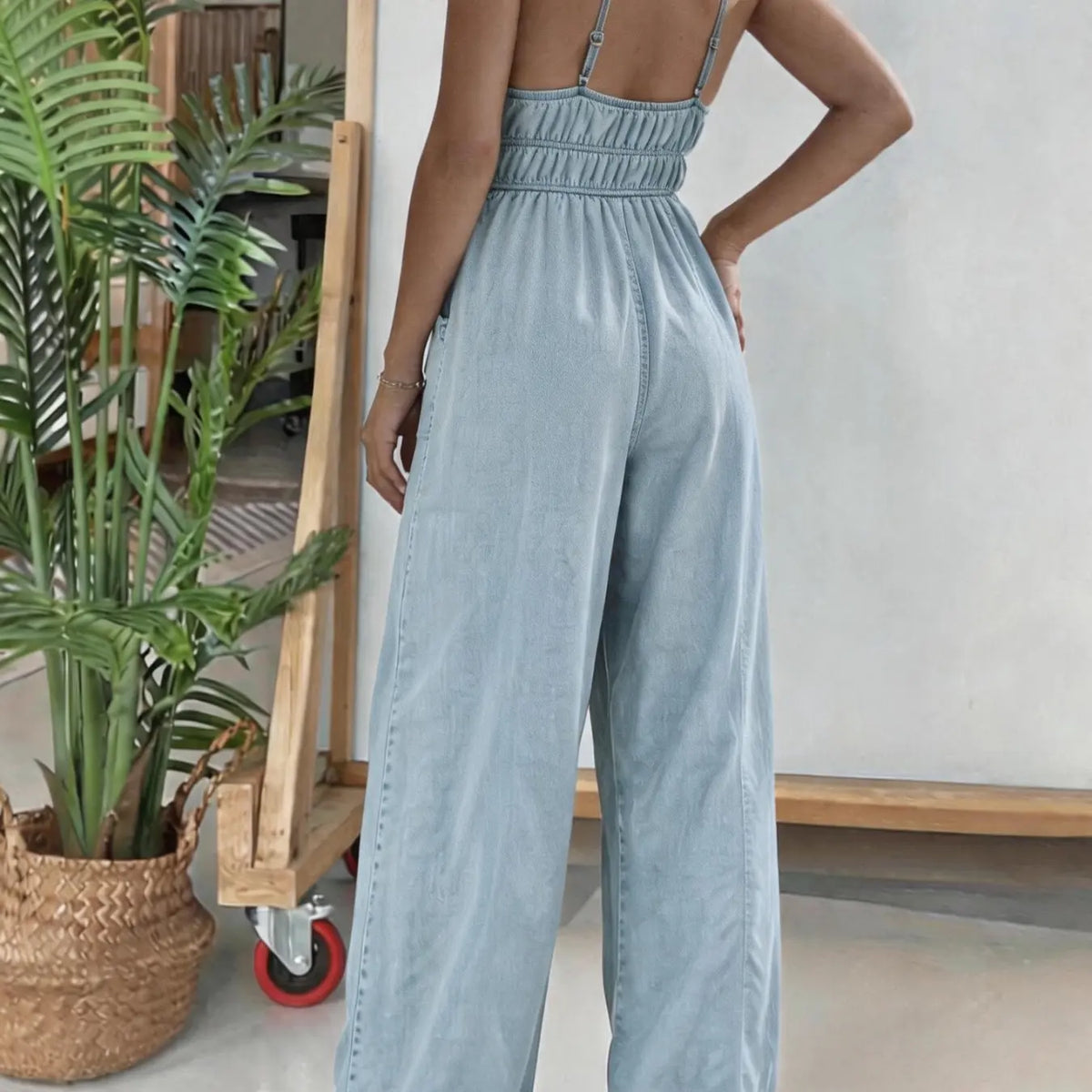 Light Wash Denim Jumpsuit with Wide Legs