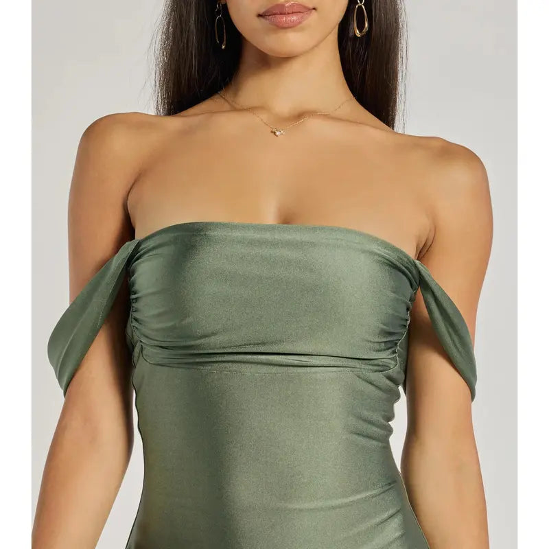 Olive Green Satin Off-Shoulder Mini Dress
