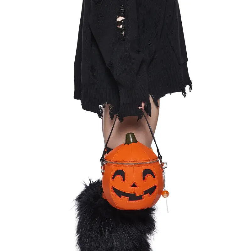 Orange Pumpkin-Shaped Handbag With Carved Face and Zipper