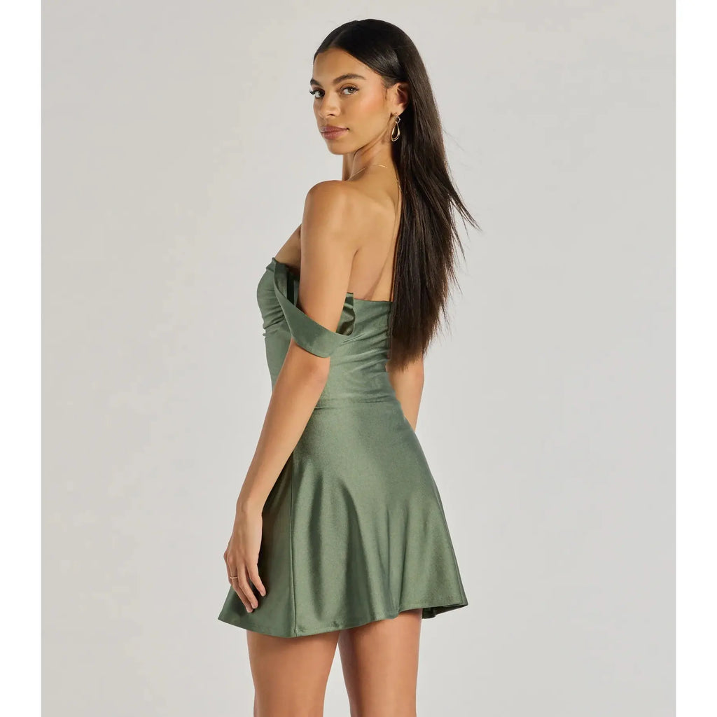 Olive Green Satin Off-Shoulder Mini Dress