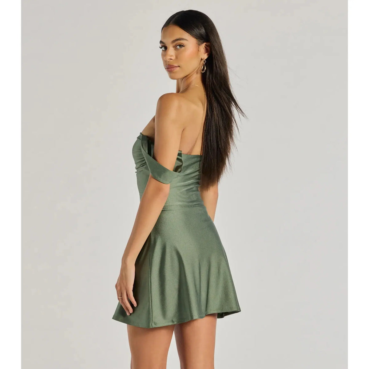 Olive Green Satin Off-Shoulder Mini Dress