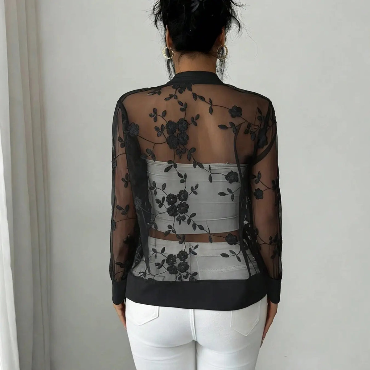 White Sheer Mesh Zip Jacket with Floral Embroidery