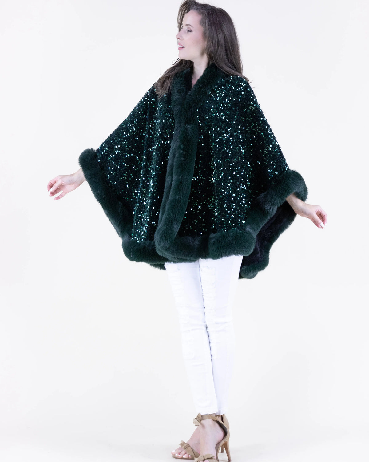 Dark Green Sequin Poncho Cape with Faux Fur Trim