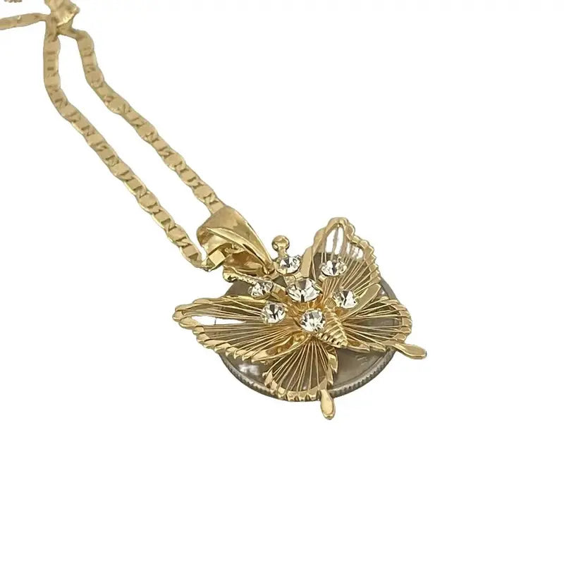 Gold-Tone Butterfly Pendant Necklace with Clear Stones