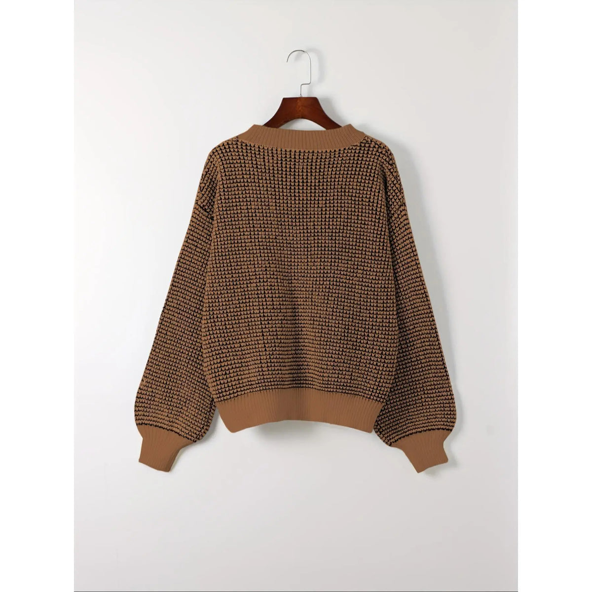 Grey Textured Knit Sweater with Cream Trim