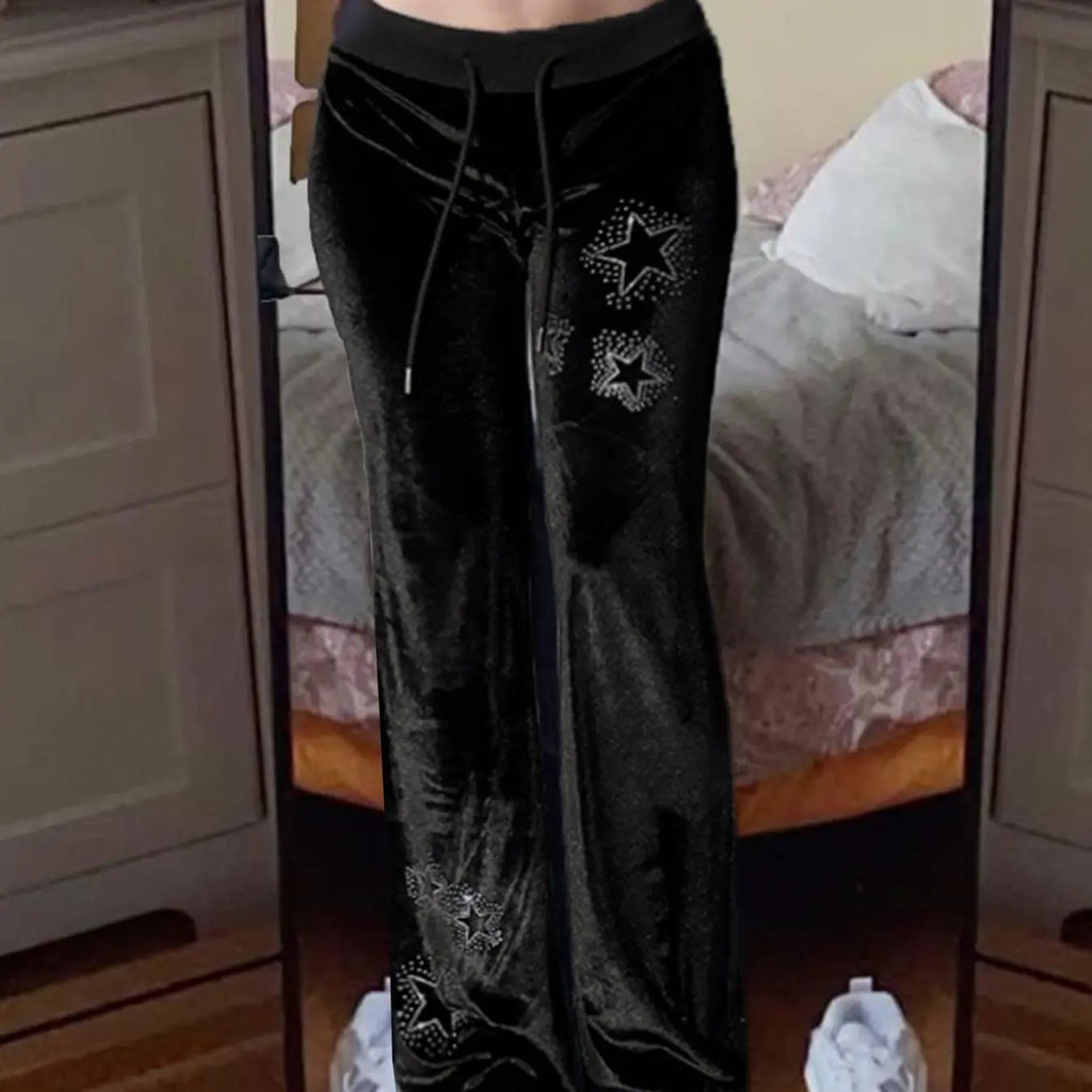 Black Velvet Flare Pants with Star Studs
