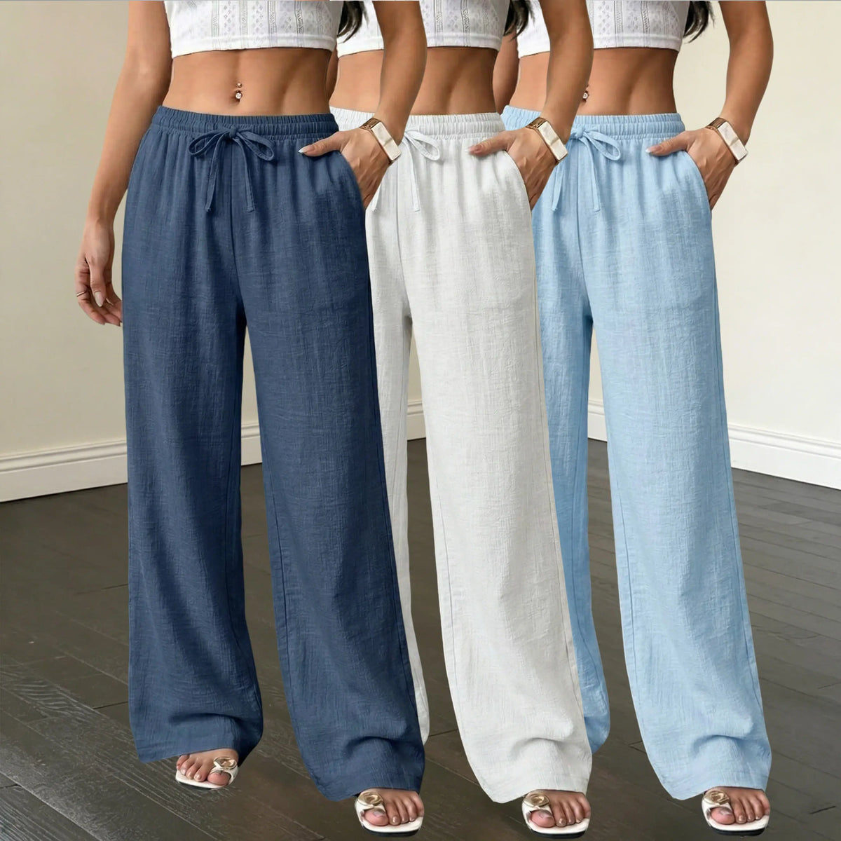 Three-Pack Textured Wide Leg Drawstring Pants