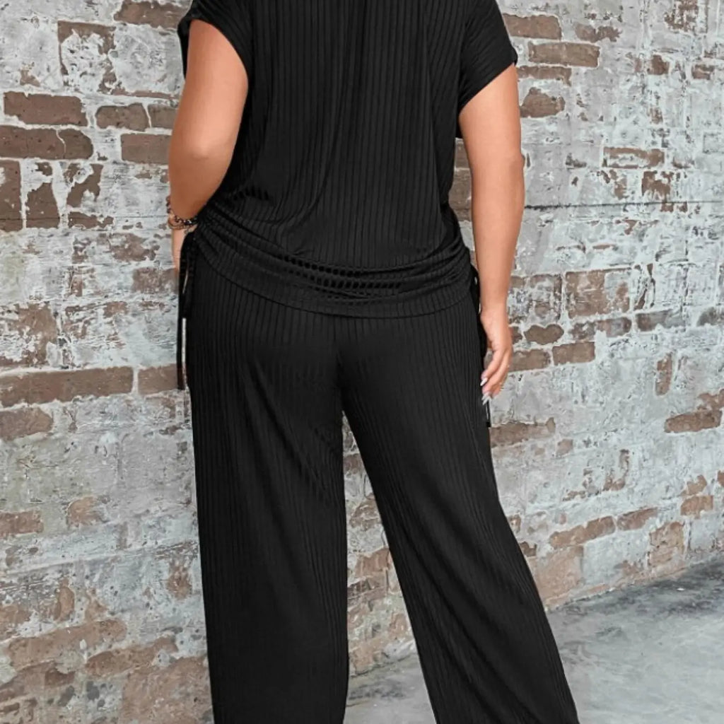 Black Ribbed Short Sleeve Top and Wide Pants Set