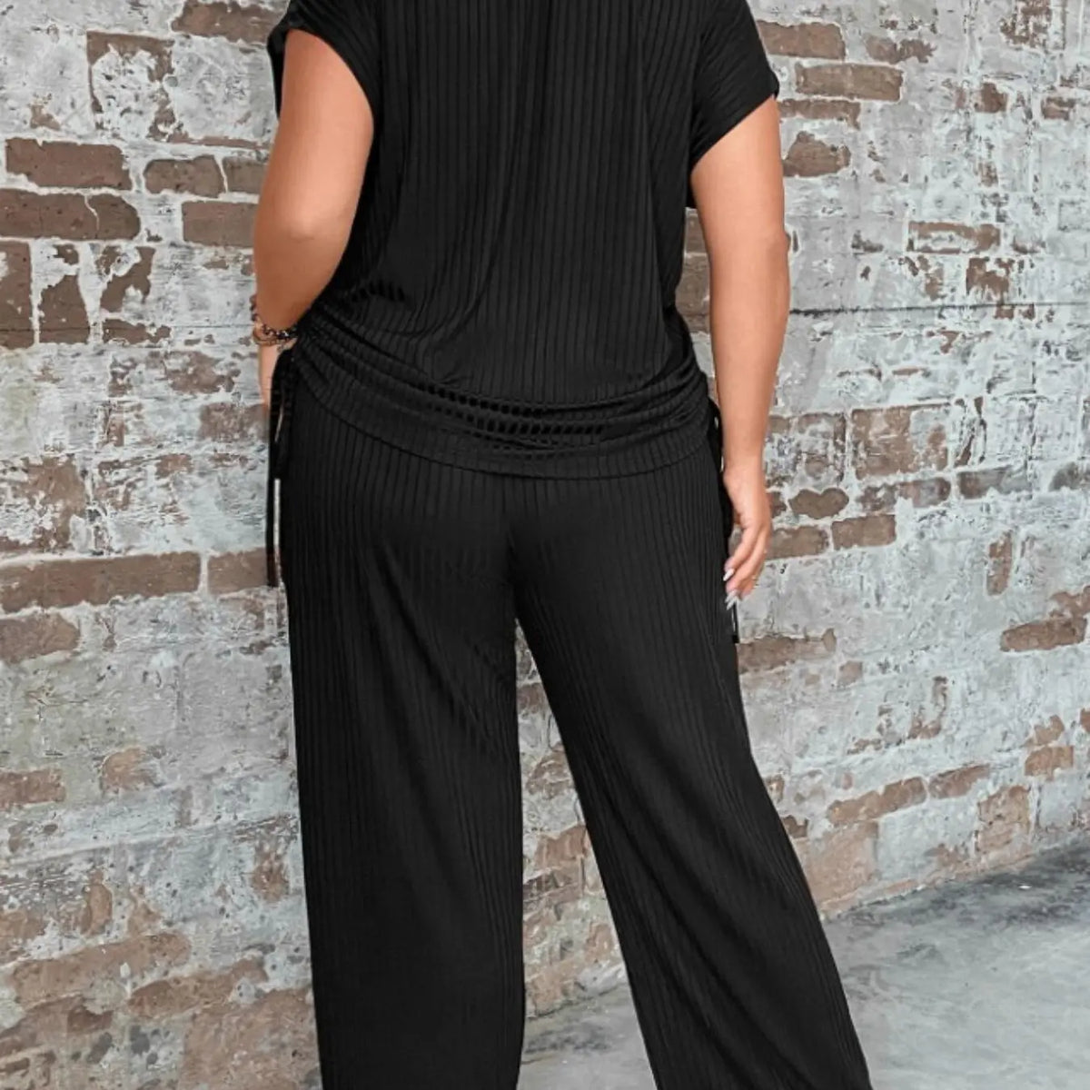 Black Ribbed Short Sleeve Top and Wide Pants Set
