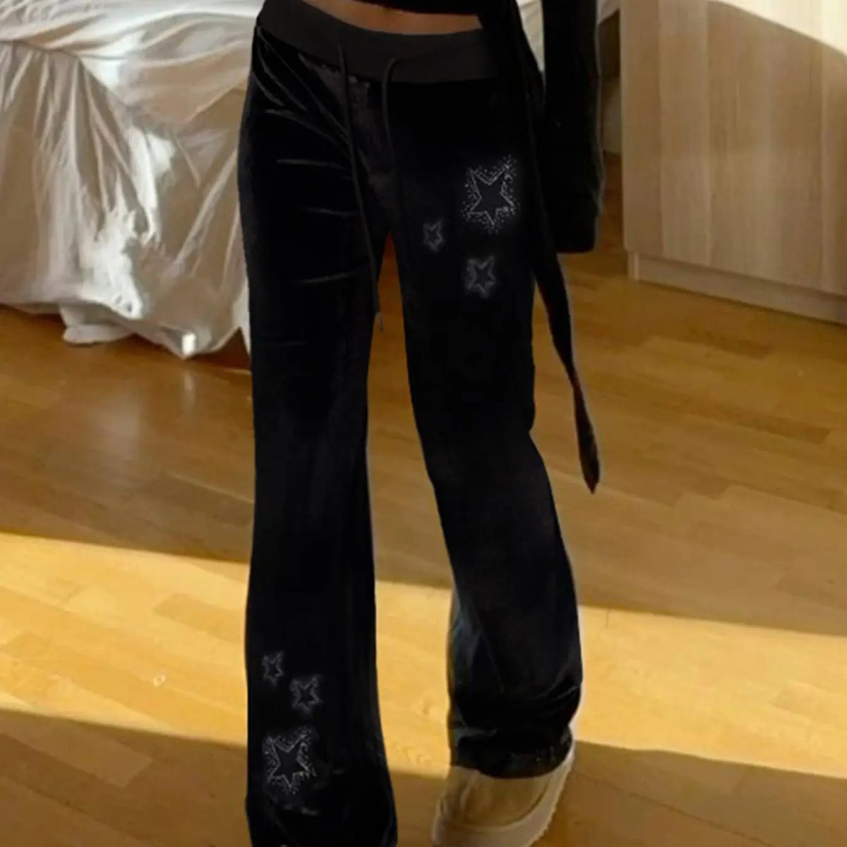 Black Velvet Flare Pants with Star Studs