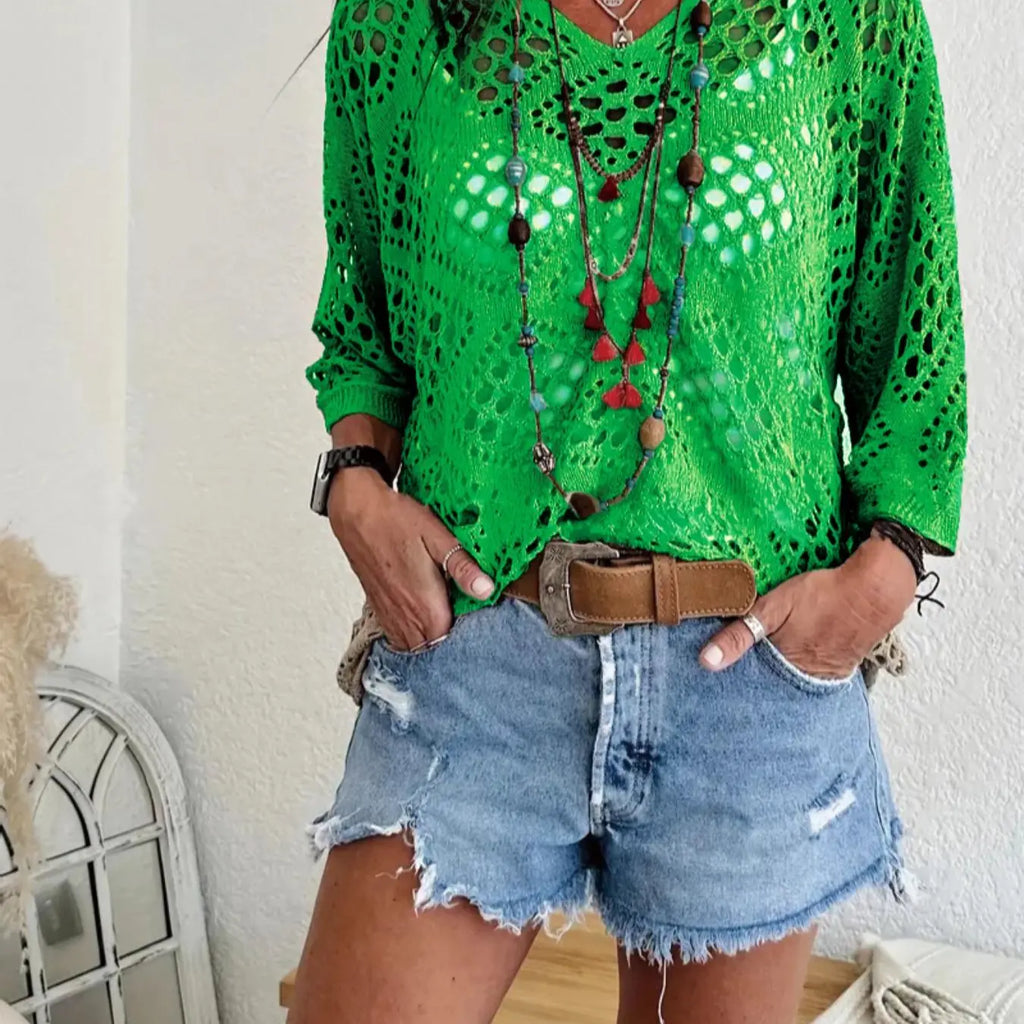 White Open-Knit V-Neck Loose Top