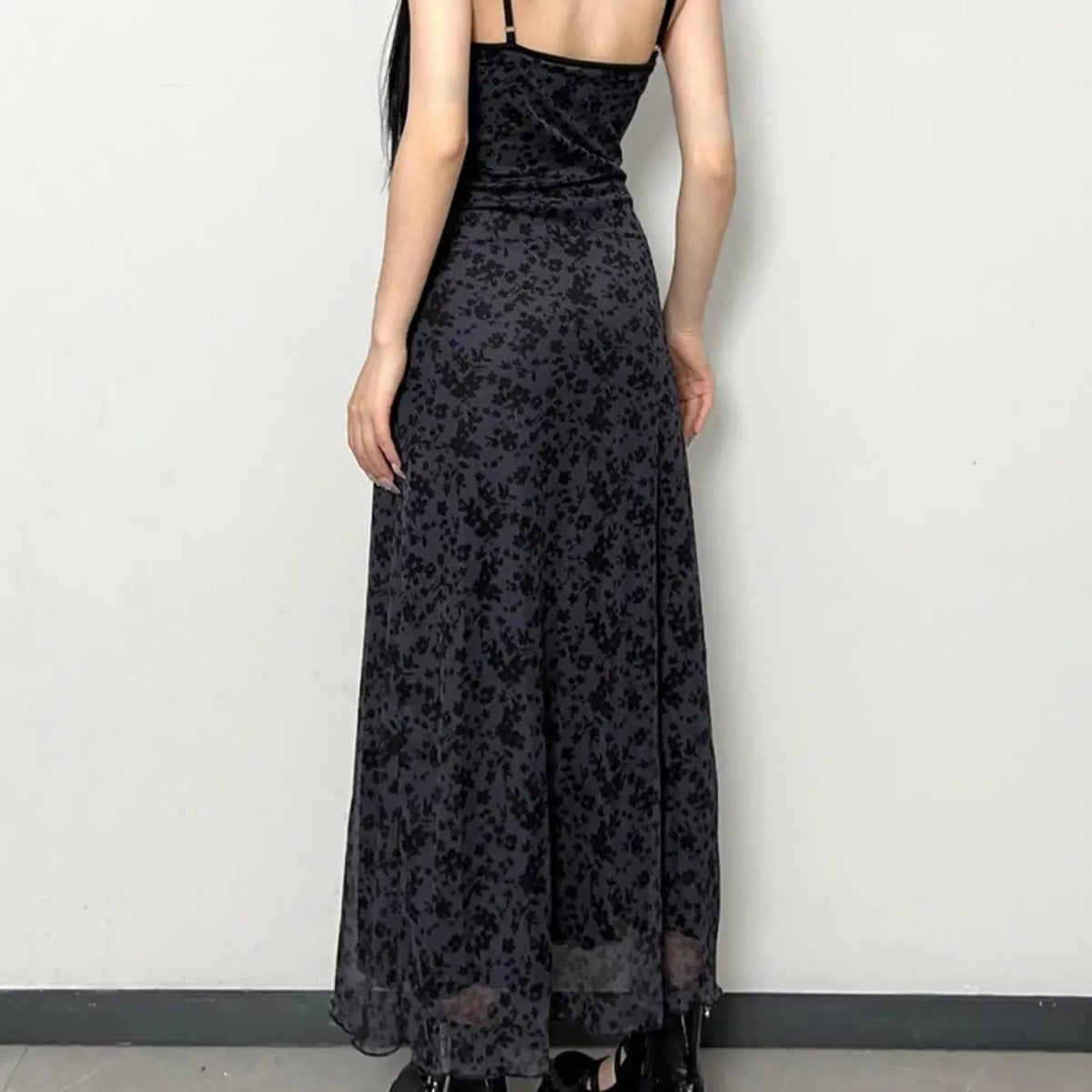 Black Floral Mesh Maxi Slip Dress with Lace Trim
