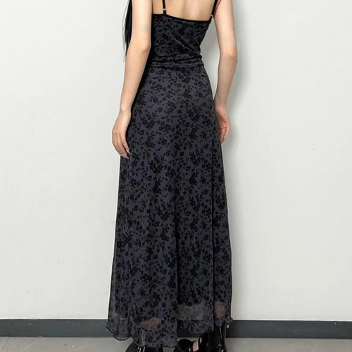 Black Floral Mesh Maxi Slip Dress with Lace Trim
