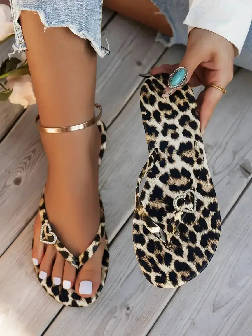 Leopard Print Thong Sandals with Heart Detail