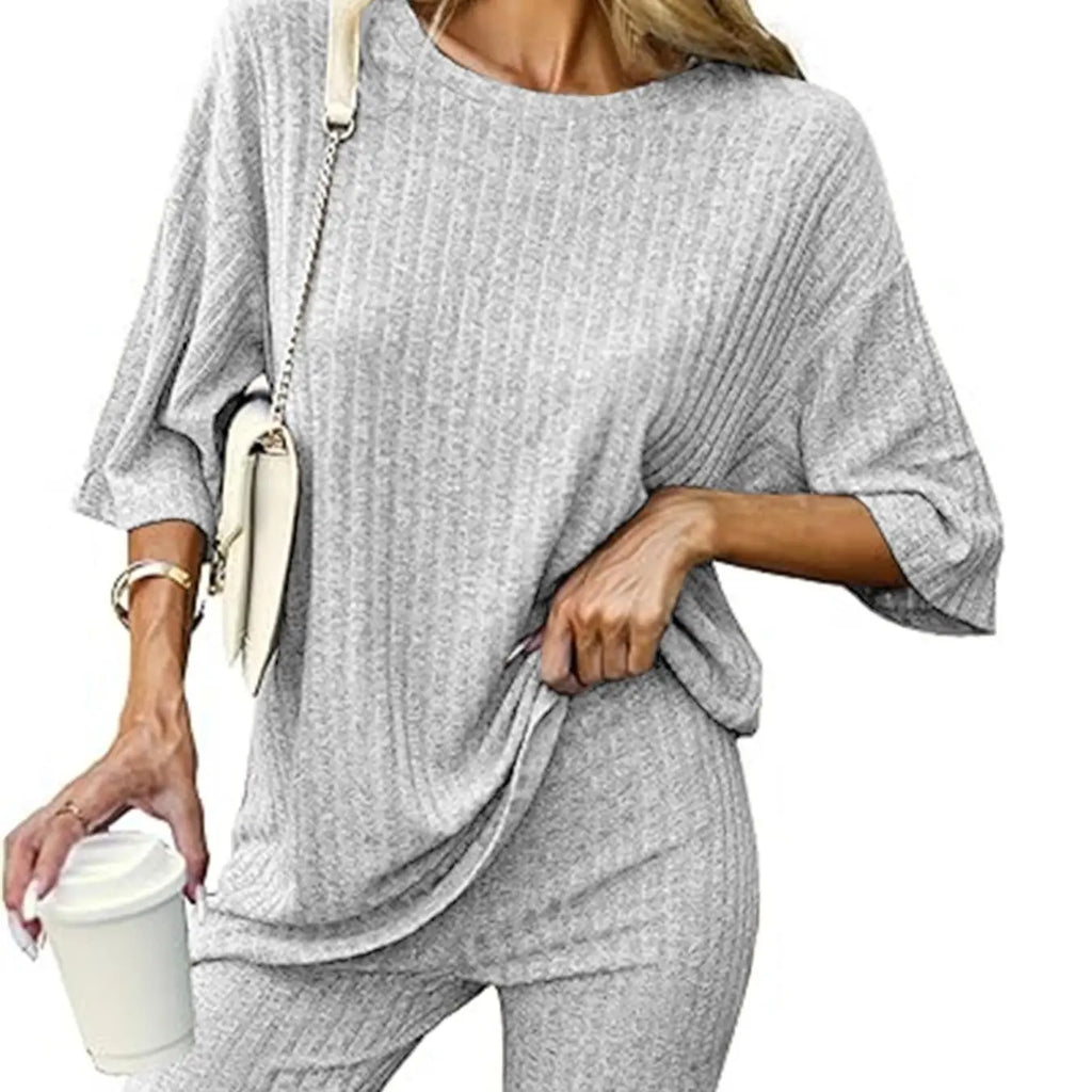 Oatmeal Ribbed Tee and Biker Shorts Set