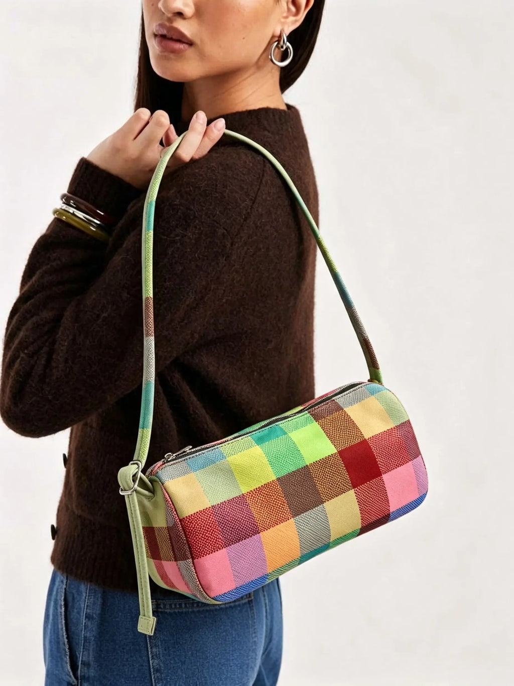 Plaid Barrel Shoulder Bag With Thin Strap
