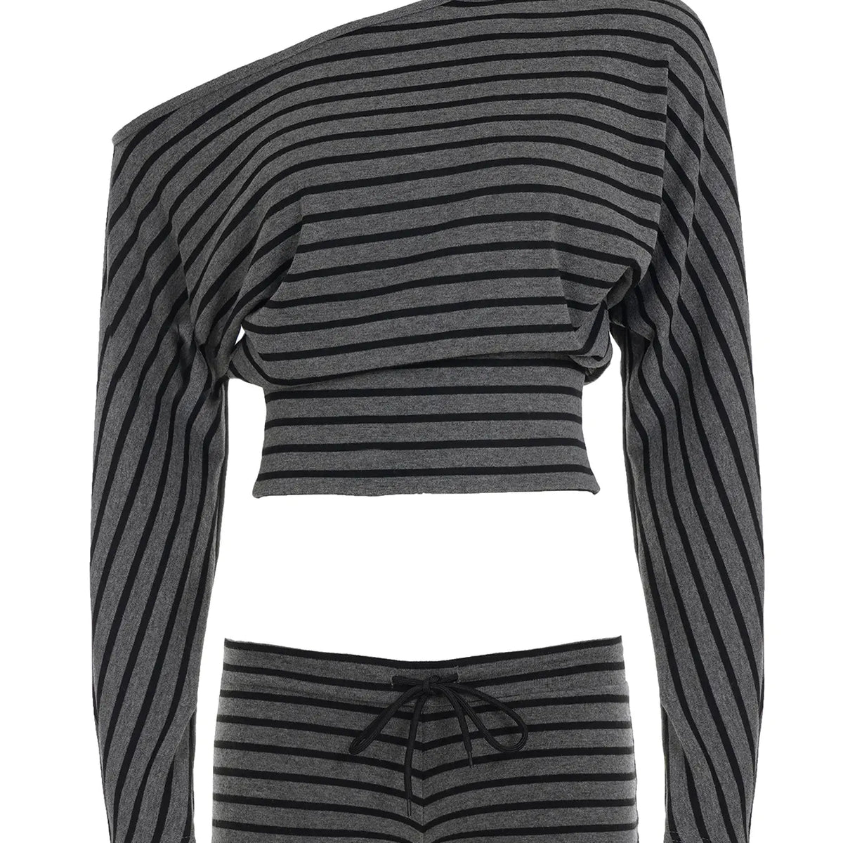 Grey Striped Off-Shoulder Top and Drawstring Shorts Set