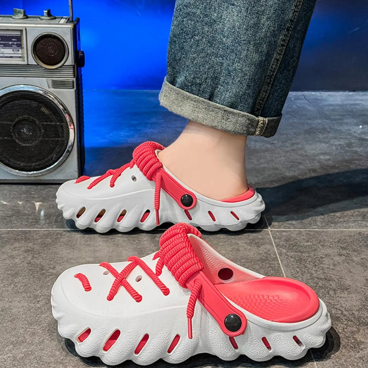 Black Lightweight Clogs With Striped Laces