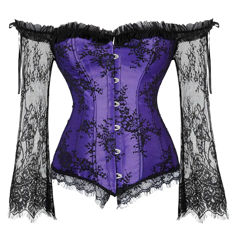 Red Satin Lace-Up Corset Top with Lace Sleeves
