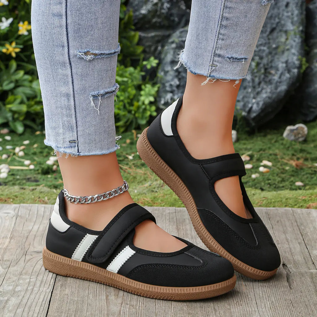 Black Flat Shoes With Hook-and-Loop Strap