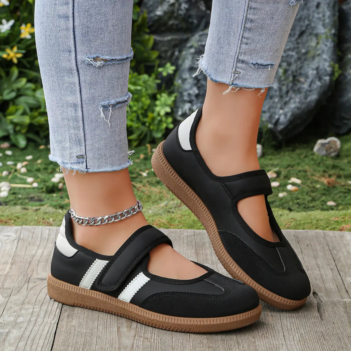 Black Flat Shoes With Hook-and-Loop Strap