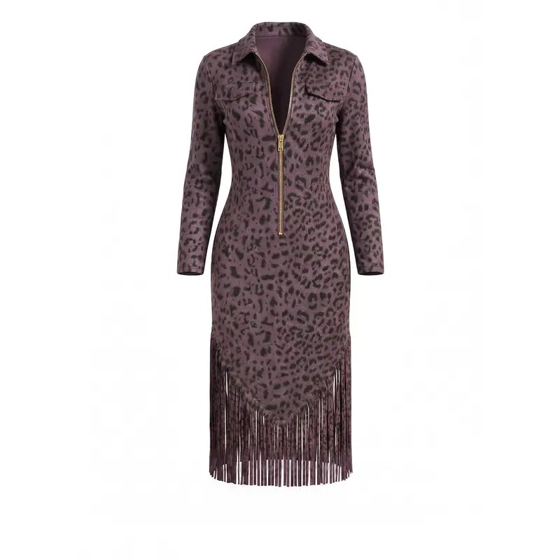 Animal Print Fringe Hem Dress with Front Zip